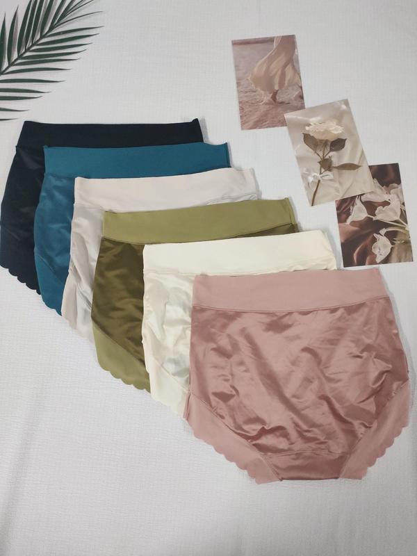 Women's Bow Decor Scallop Trim High Waist Knicker, Solid Color Soft Comfy Breathable Panty for Daily Wear, Underwear for All Seasons