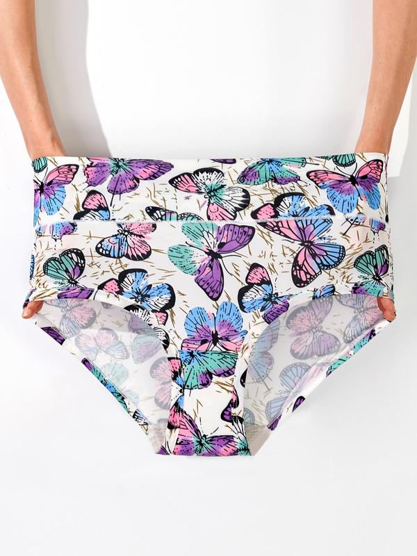 Plus Size Women's Butterfly Print High Waist Knicker, Casual Comfy Breathable Panty, Women's Underwear for All Seasons