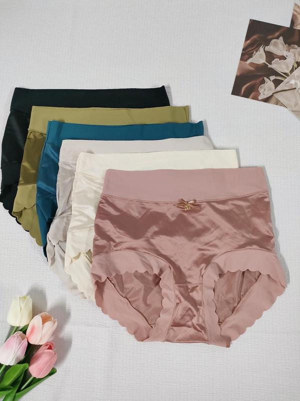 Women's Bow Decor Scallop Trim High Waist Knicker, Solid Color Soft Comfy Breathable Panty for Daily Wear, Underwear for All Seasons