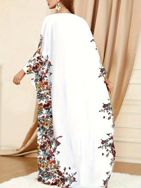 Women's Floral Print Batwing Sleeve Split Hem Kaftan, Modest Long Sleeve Round Neck Maxi Dress for Party Holiday Wedding Guest, Ladies Fall & Winter Clothes