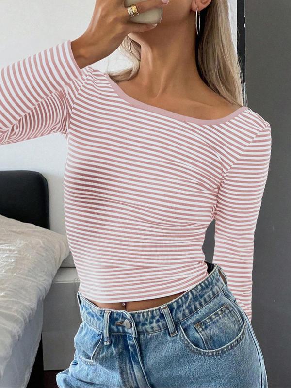 Women's Striped Print Backless Top, Casual Scoop Neck Long Sleeve Top for Spring & Fall, Women's Clothing for Daily Wear