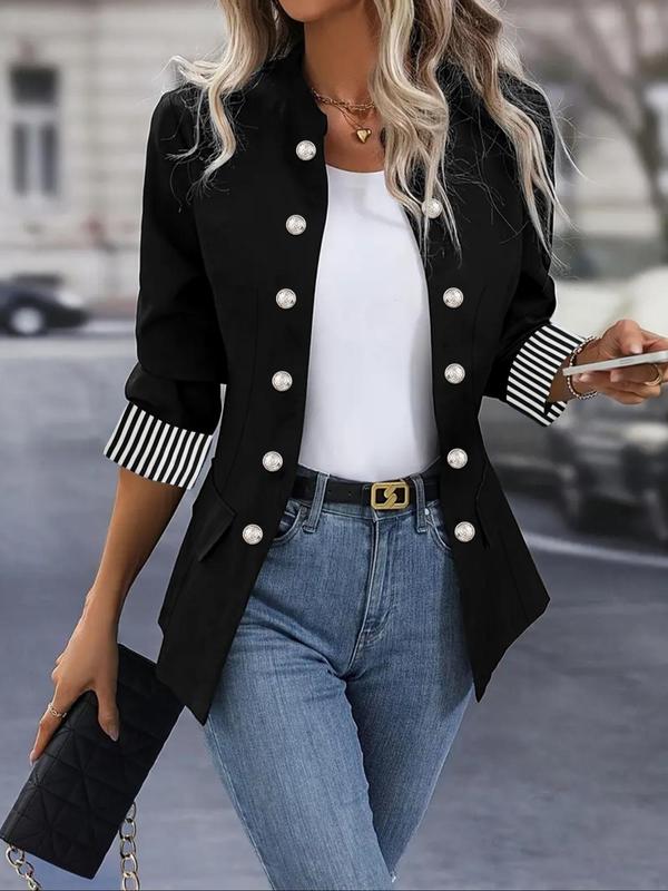 Women's Striped Patchwork Print Double Button Blazer, Casual Long Sleeve Stand Collar Outerwear for Fall & Winter, Ladies Clothes for Daily Wear