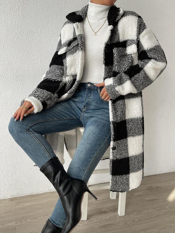 Women's Plaid Print Button Front Flap Detail  Coat, Casual Long Sleeve Collared Outerwear for Fall & Winter, Women's Clothing for Daily Wear