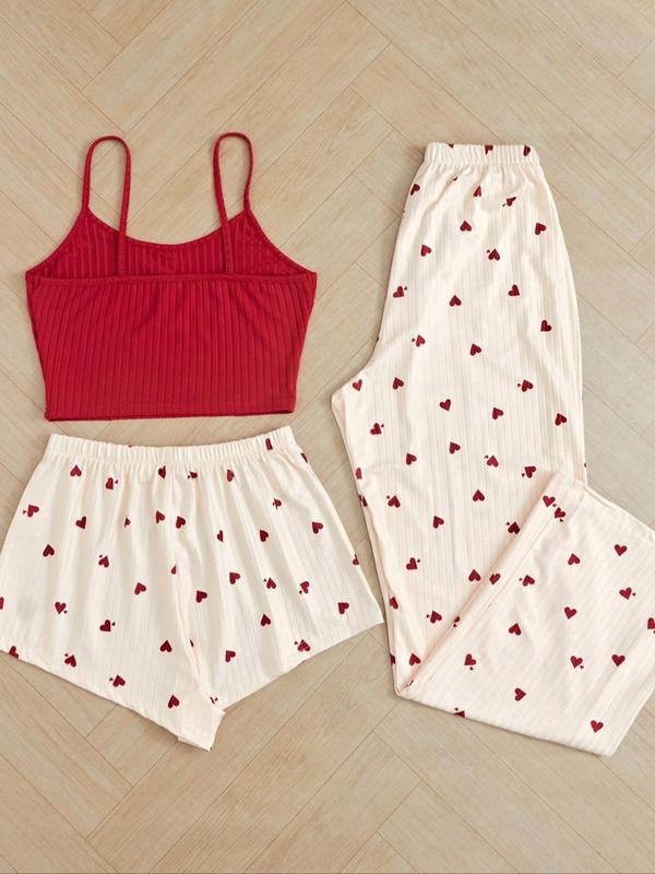 Women's Heart Print Ribbed Pyjama Set, Casual Cami Top & Tie Front Shorts & Pants for Summer, Women's Sleepwear & Loungewear Set for All Seasons