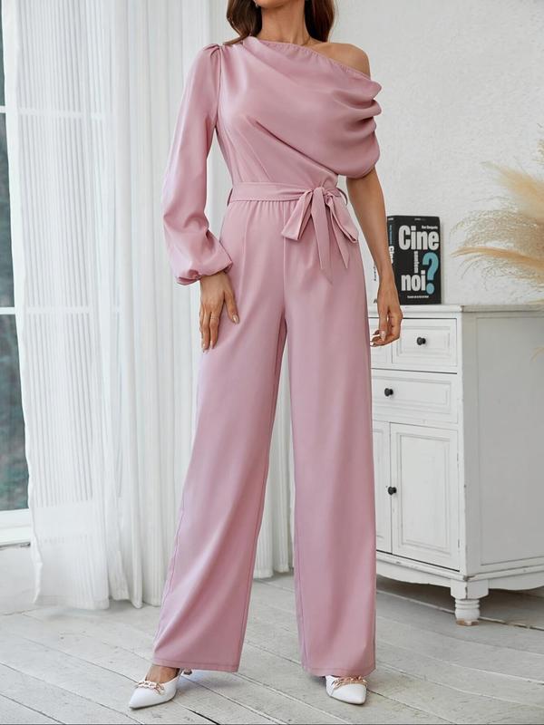 Women's Plain Asymmetrical Neck Ruched Belted Jumpsuit, Elegant Lantern Sleeve Straight Leg Jumpsuit for Spring & Fall, Ladies Clothes for Daily Wear