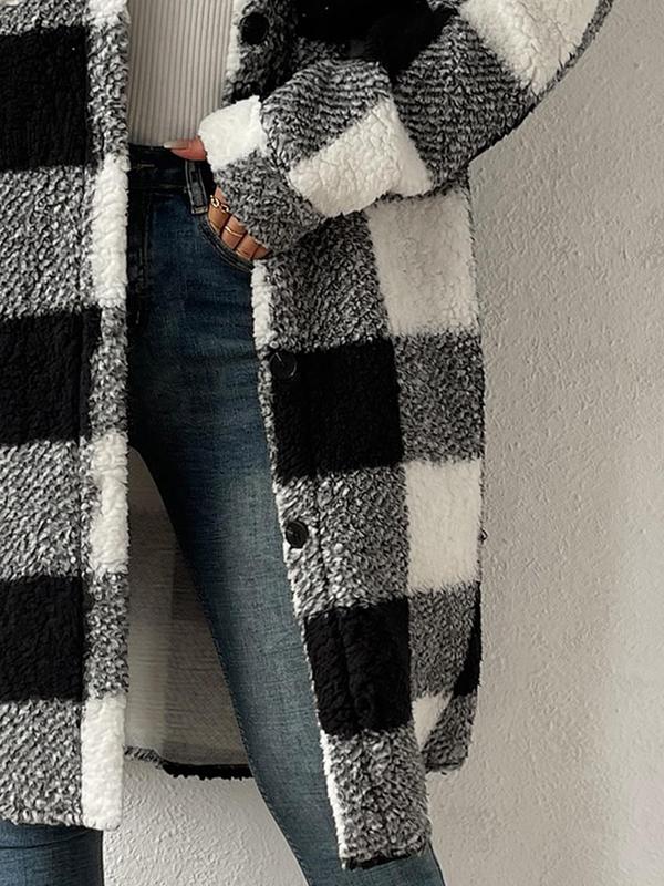 Women's Plaid Print Button Front Flap Detail  Coat, Casual Long Sleeve Collared Outerwear for Fall & Winter, Women's Clothing for Daily Wear