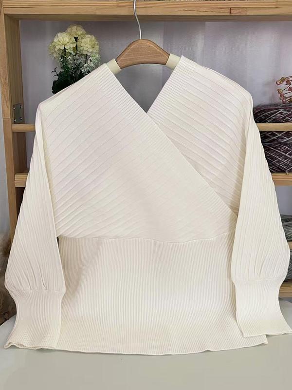 Women's Plain Off Shoulder Ribbed Sweater, Casual Long Sleeve Jumper for Fall & Winter, Fashion Ladies' Knitwear for Daily Wear