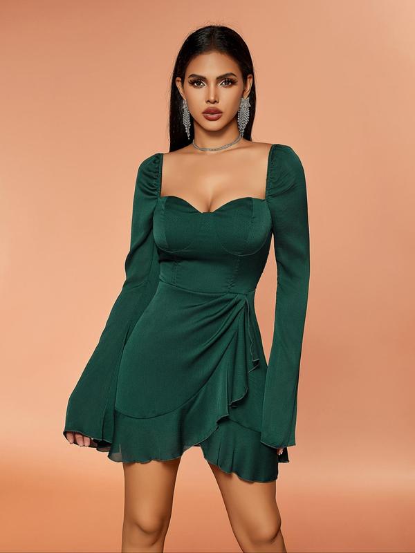 Women's Plain Wrap Ruffle Trim Flounce Sleeve Satin Dress, Elegant Sweetheart Neck Long Sleeve A Line Short Dress for Party Club Dating Wear, Women's Dress for Spring & Fall, Fall Outfits, Fallfreshness