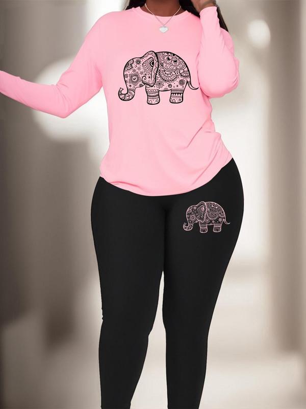  Two-Piece Set Elephant Print Tee & Skinny Pants, Casual Round Neck Long Sleeve T-shirt & Leggings, Women's Two-piece Outfits for Fall & Winter