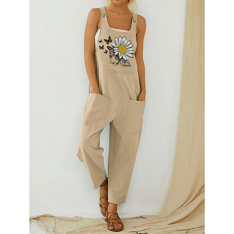 Women Loose Style Overalls, Butterfly and Floral Printed Pattern U-shaped Collar Sleeveless Cotton Jumpsuit