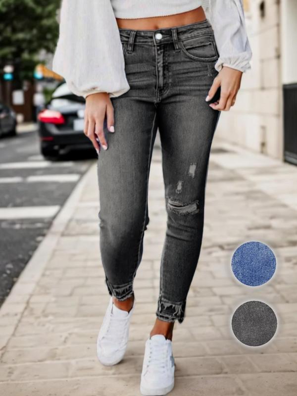 Women's Plain Raw Hem Button Pocket Pencil Jeans, Casual Comfy Denim Trousers for Daily Wear, Ladies Bottoms for All Seasons