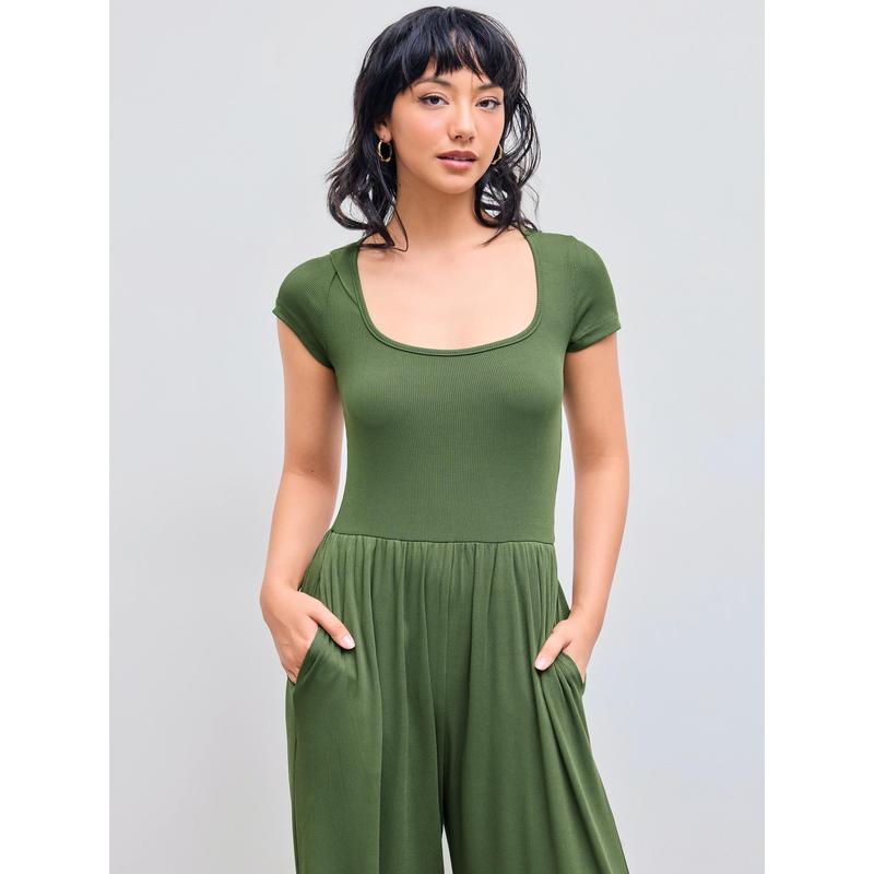 Cider [7 colors, size 0-26] Scoop Neckline Short Sleeve Wide Leg Jumpsuit