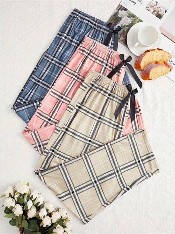 Women's Plaid Print Bow Front Elastic Waist Straight Leg Sleep Pants, Casual Comfy Lounge Pants for Fall & Winter, Women's Sleepwear for Indoor Wear