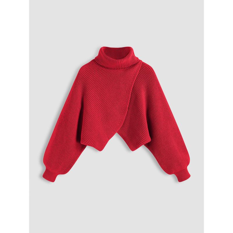 Cider [4 colors, size 0-26] High Neck Solid Knitted Long Sleeve Crop Sweater