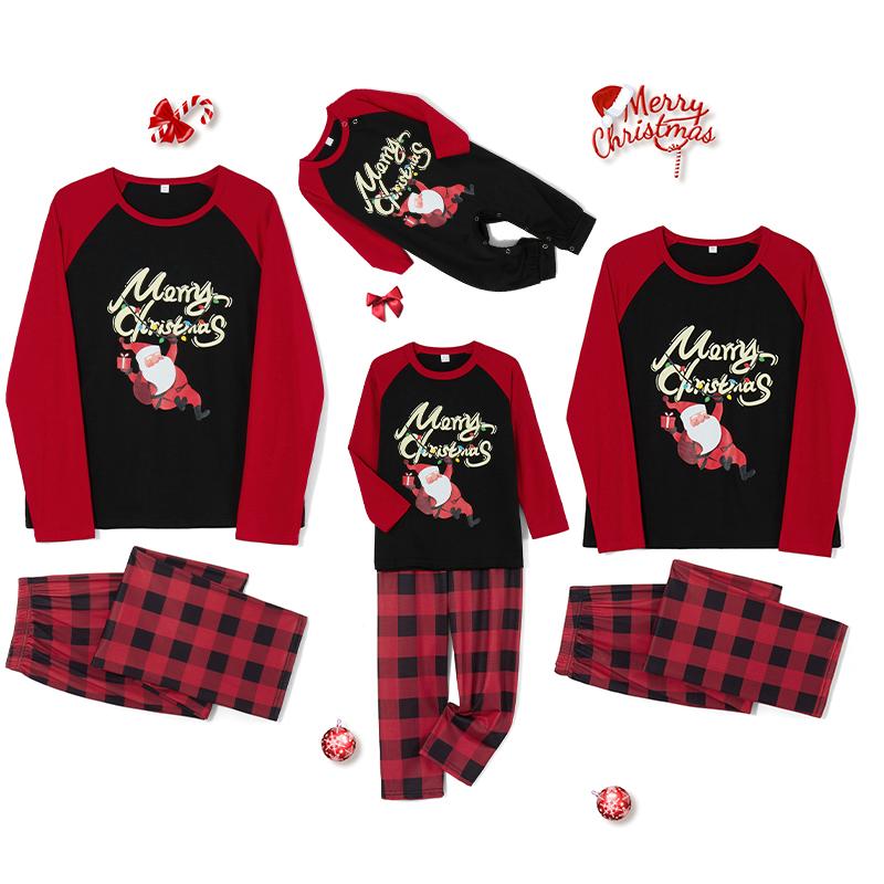 Matching Christmas Pajamas For Family, Long Sleeve Letters Santa Claus Print T-shirt with Plaid Pants Sleepwear Loungewear