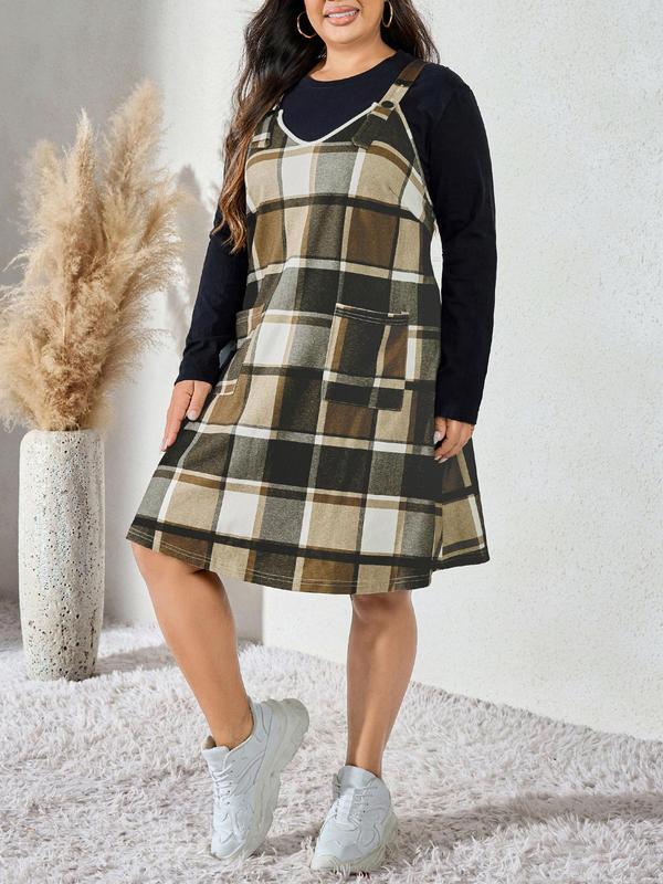 CURVZY Plus Size Plaid Print Pocket V Neck Dress, Casual Sleeveless Pinafore Dress for Daily Wear, Women's Clothing for All Seasons Casual Wear