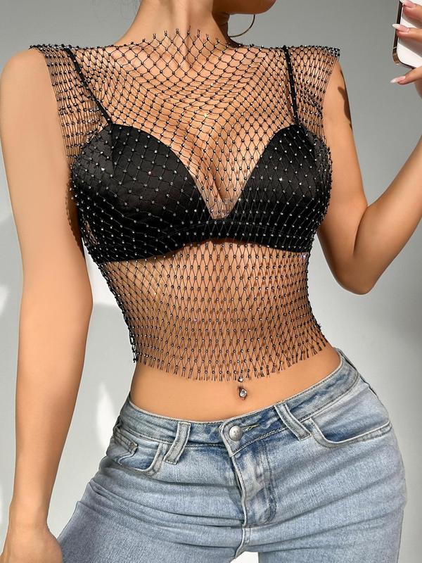 Women's Rhinestone Decor Hollow Out Sheer Crop Tank Top, Fashion Casual Round Neck Sleeveless Cropped Top for Party Club, Ladies Clothes for All Seasons