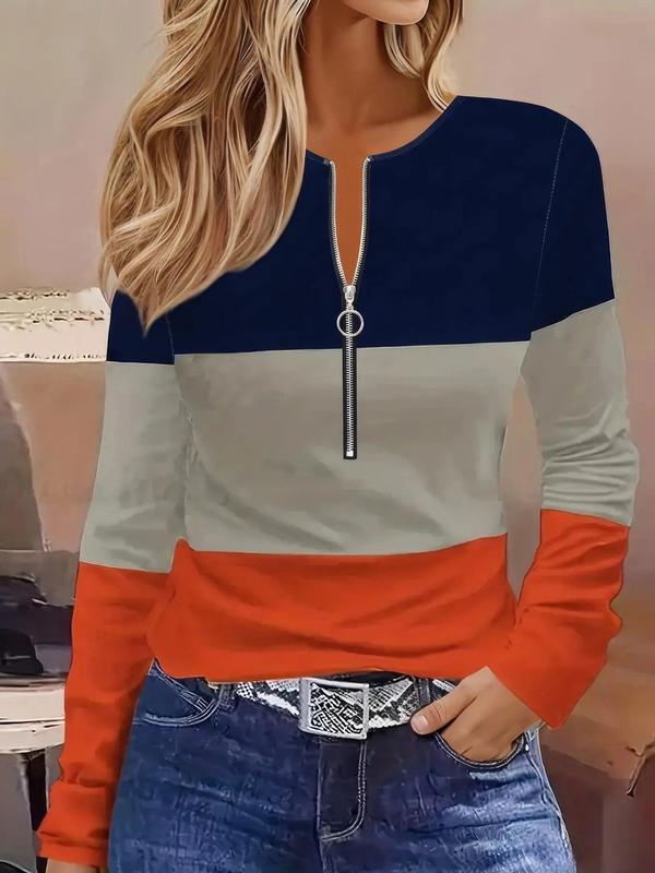 Women's Colorblock Print Half Zipper Round Neck Tee, Casual Long Sleeve Crew Neck Top for Spring & Fall, Women's Top for Daily Wear, Fall Outfits, Fallfreshness