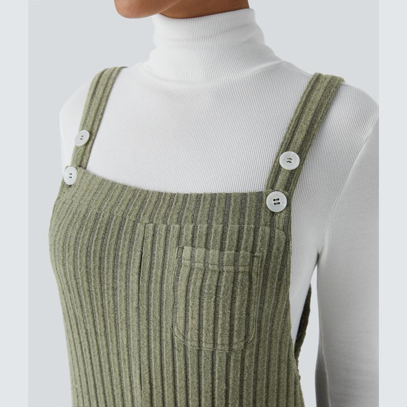 Halara Ribbed Knit Adjustable Strap Button Multiple Pockets Casual Overalls