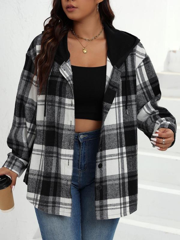 Plus Size Plaid Print Button Front Drawstring Hooded Jacket, Casual Long Sleeve Drop Shoulder Outerwear for Fall & Winter, Women's Clothes for Daily Wear