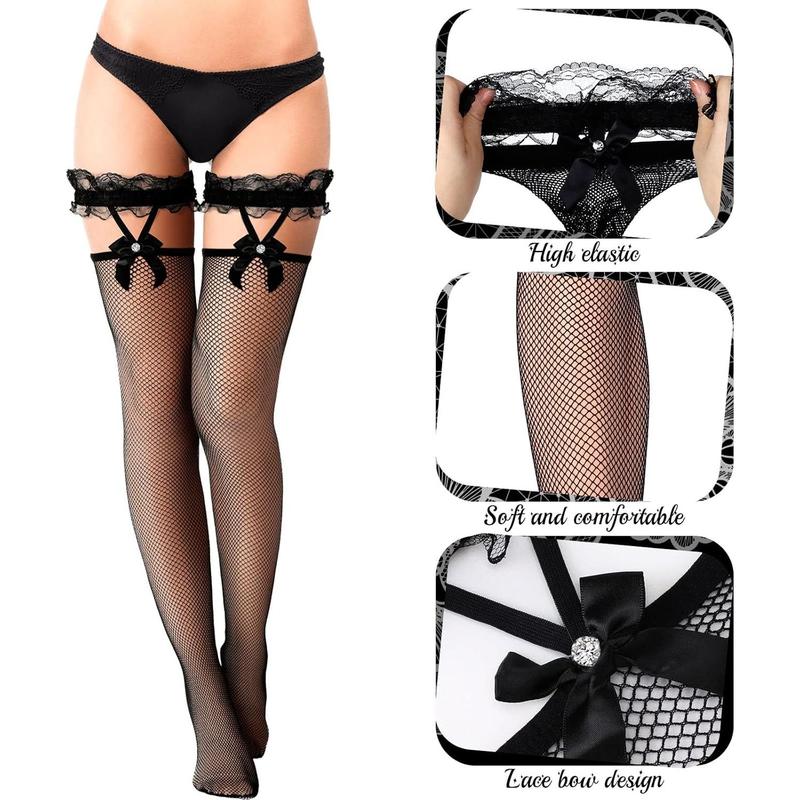 2 Pairs Lace Top Fishnet Stockings Bow Suspenders Stockings Mesh Hold up Stockings for Women