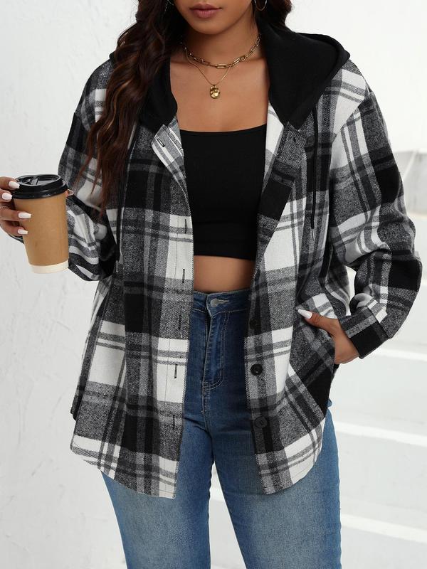 Plus Size Plaid Print Button Front Drawstring Hooded Jacket, Casual Long Sleeve Drop Shoulder Outerwear for Fall & Winter, Women's Clothes for Daily Wear