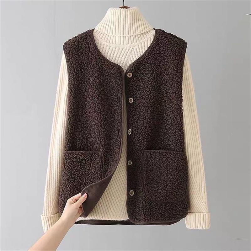 Vests New Spring Autumn Women Button Waistcoat Lamb Wool Winter Thermal Warm Thick Fleece Vests Sleeveless Jacket Ladies Coats