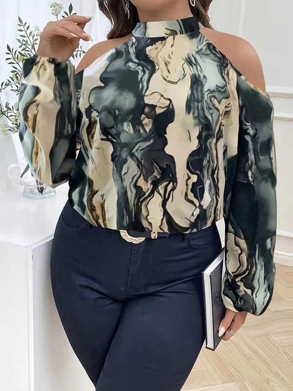 Plus Size All Over Print Cold Shoulder Blouse, Elegant Bishop Sleeve Button Cut Out Top for Women, Women Plus Clothing for All Seasons