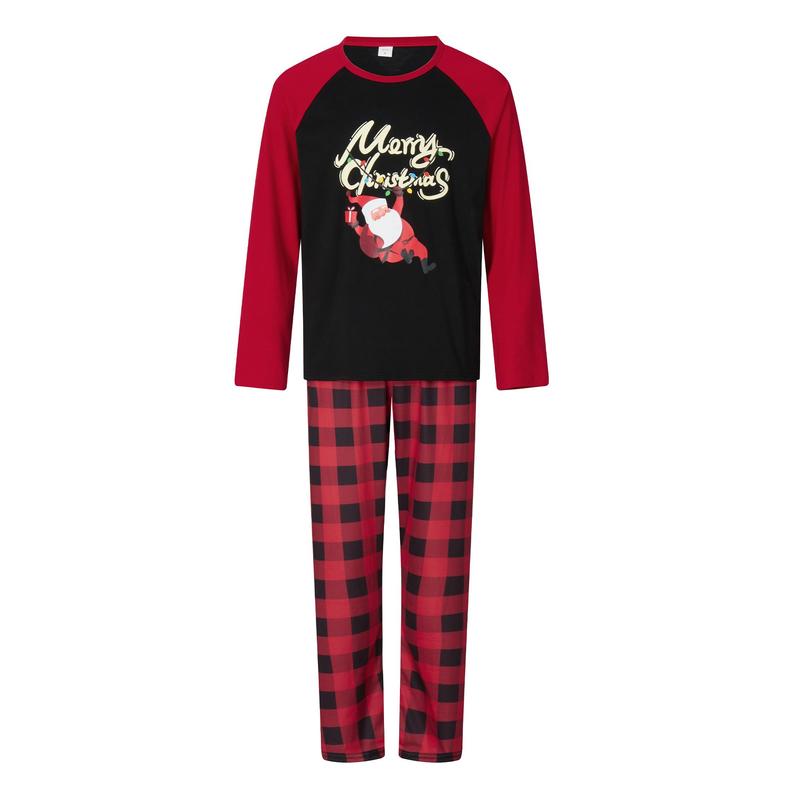 Matching Christmas Pajamas For Family, Long Sleeve Letters Santa Claus Print T-shirt with Plaid Pants Sleepwear Loungewear