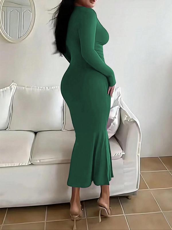 Plus Size Solid Long Sleeve Scoop Neck Mermaid Dress, Elegant Fashion Tight Long Sleeve Bodycon Dress for Party Dating Wear, Women Plus Clothing for Spring Fall