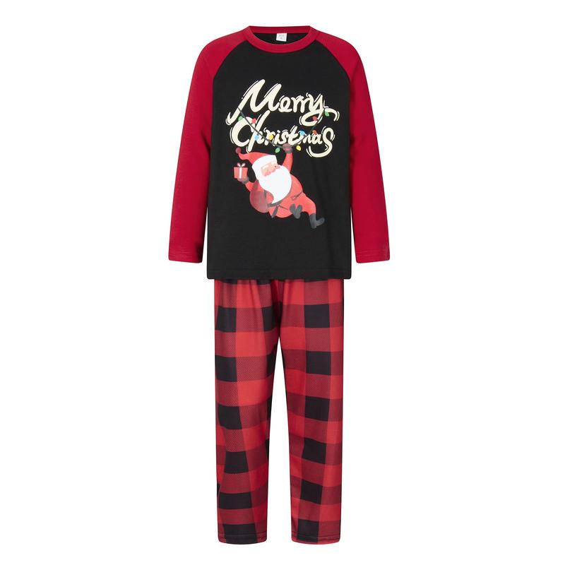 Matching Christmas Pajamas For Family, Long Sleeve Letters Santa Claus Print T-shirt with Plaid Pants Sleepwear Loungewear