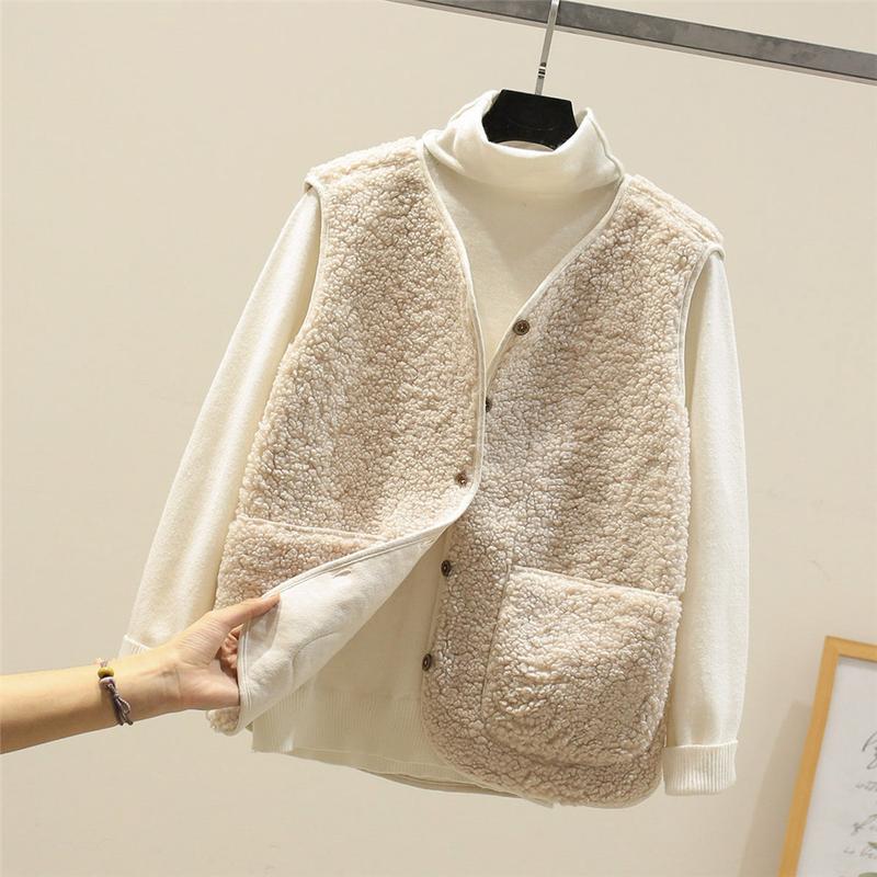 Vests New Spring Autumn Women Button Waistcoat Lamb Wool Winter Thermal Warm Thick Fleece Vests Sleeveless Jacket Ladies Coats