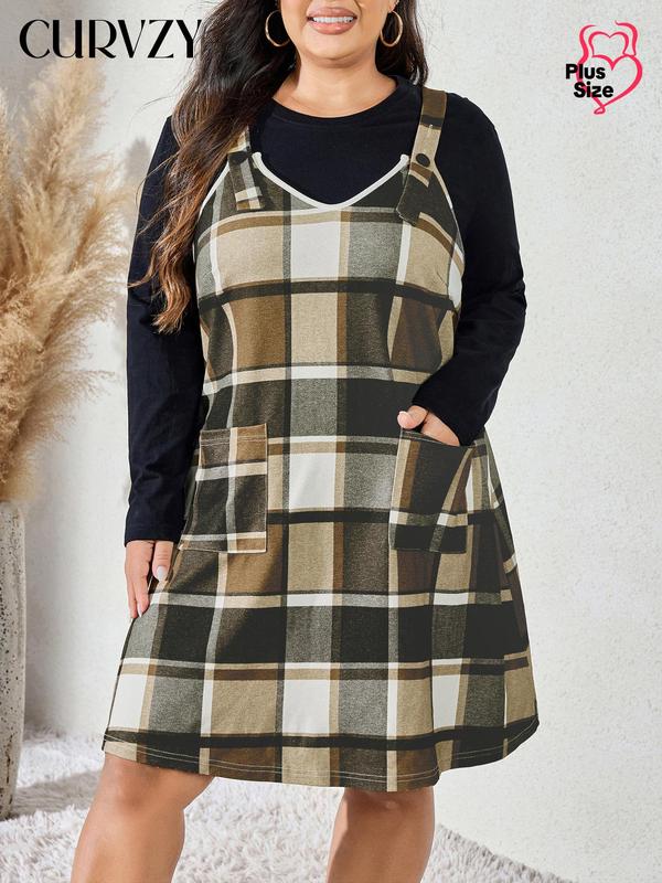 CURVZY Plus Size Plaid Print Pocket V Neck Dress, Casual Sleeveless Pinafore Dress for Daily Wear, Women's Clothing for All Seasons Casual Wear