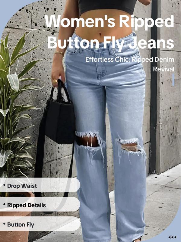 Women's Plain Ripped Button Fly Denim Jeans, Fashion Casual Drop Waist Straight Leg Jeans for Daily Wear, Ladies Bottoms for All Seasons, Girl Clothes