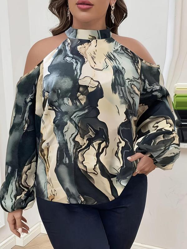 Plus Size All Over Print Cold Shoulder Blouse, Elegant Bishop Sleeve Button Cut Out Top for Women, Women Plus Clothing for All Seasons