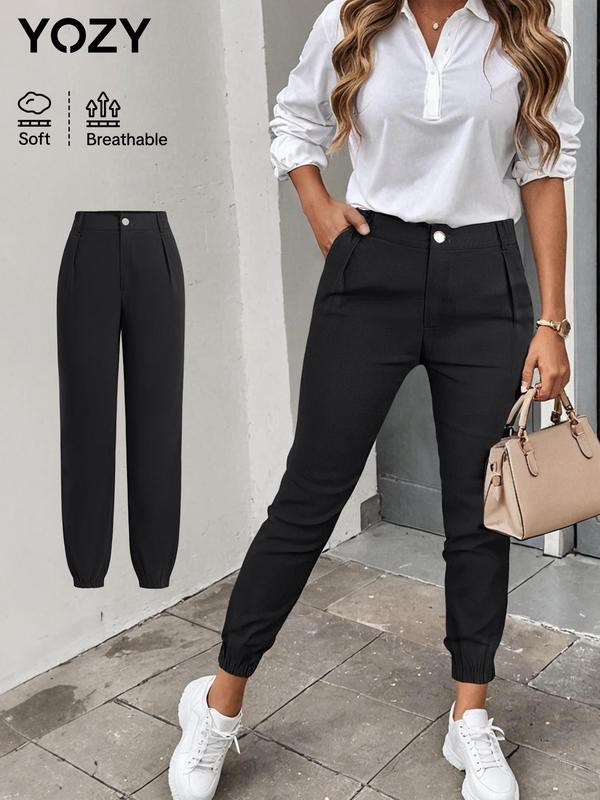 YOZY Women's Solid Button Pocket Pants, Casual Comfy Trousers for Work Office Business, Ladies Bottoms for All Seasons