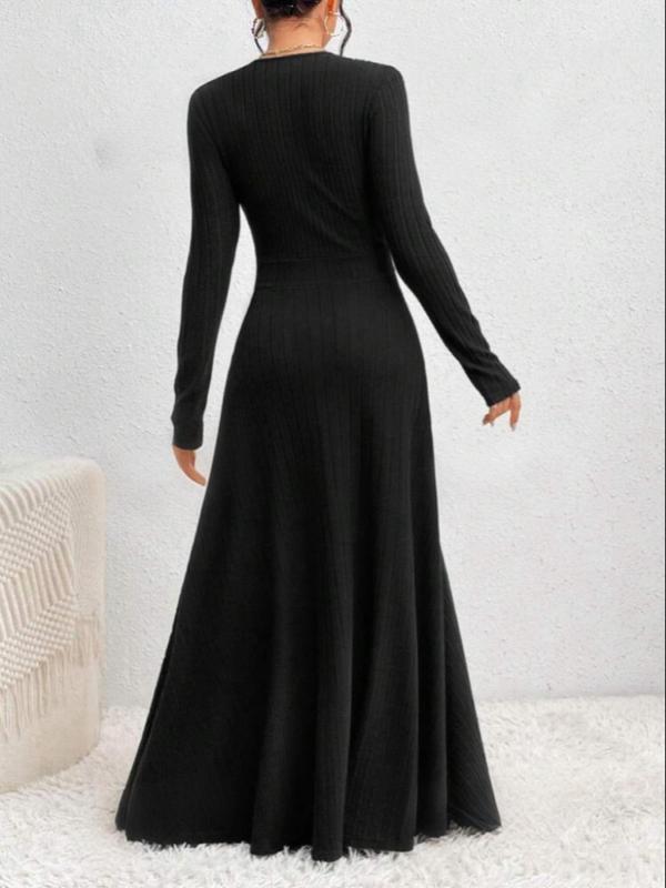  Women's Plain Ribbed Wrap V Neck A Line Dress, Elegant Long Sleeve Dress for Party Holiday Wedding Guest, Women's Clothes for Fall & Winter