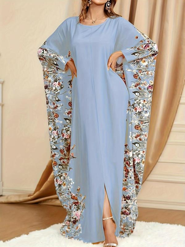 Women's Floral Print Batwing Sleeve Split Hem Kaftan, Modest Long Sleeve Round Neck Maxi Dress for Party Holiday Wedding Guest, Ladies Fall & Winter Clothes