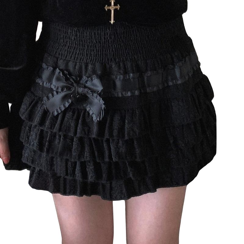 Women's Lolita Mini Skirts Cute High Waist Side Bow Layered Ruffle Hem A-Line Skirts Short Skirts, Ladies Clothes for Indoor Outdoor Wear, Ladies Clothes for Daily Wear