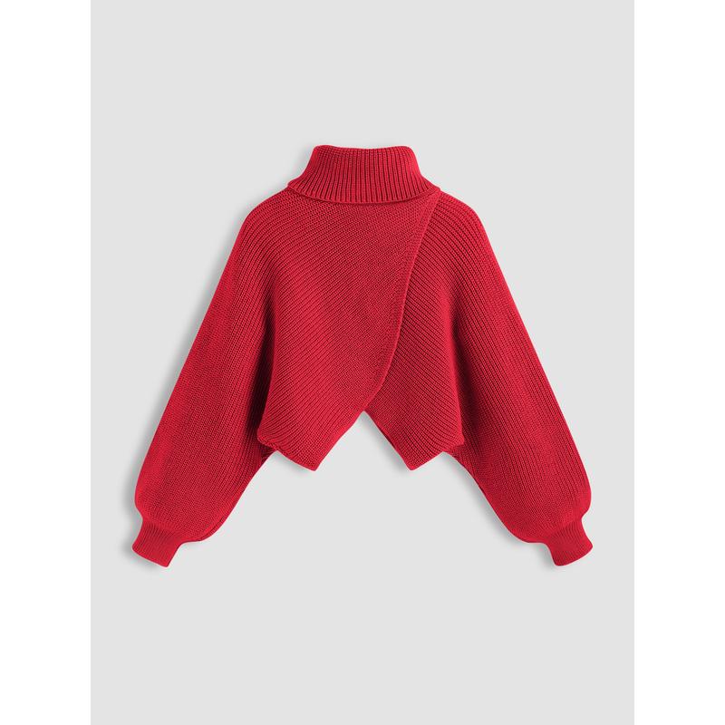 Cider [4 colors, size 0-26] High Neck Solid Knitted Long Sleeve Crop Sweater