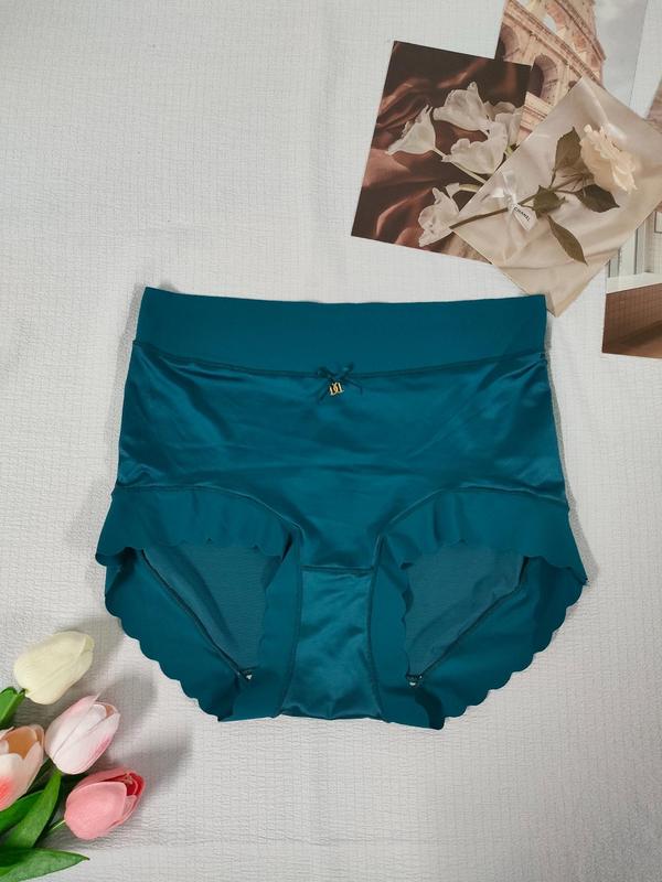 Women's Bow Decor Scallop Trim High Waist Knicker, Solid Color Soft Comfy Breathable Panty for Daily Wear, Underwear for All Seasons