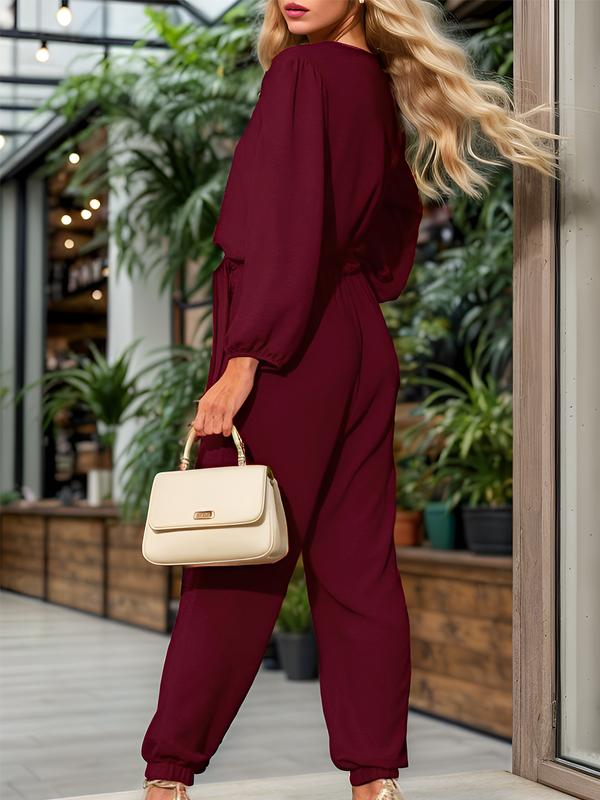 DRESSIN [Wine Red,Dark Green, Black,size S-XXL] Women Versatile Easy-on casual Woven Fabric Solid V-Neck Hidden Button Puff Sleeve Long Sleeve Tie Waist Tapered Nine-Tenths Length Chiffon Draped Jumpsuit for Work Casual or Date Outings