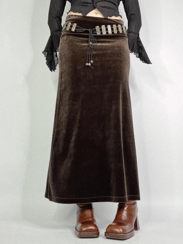 Women's Velvet Long Skirt without Belt, Y2k Style Solid Color Skirt for Party Holiday Vacation, Ladies Fall & Winter Bottoms