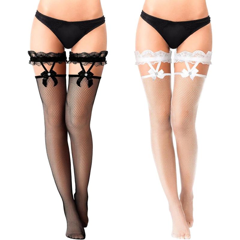 2 Pairs Lace Top Fishnet Stockings Bow Suspenders Stockings Mesh Hold up Stockings for Women