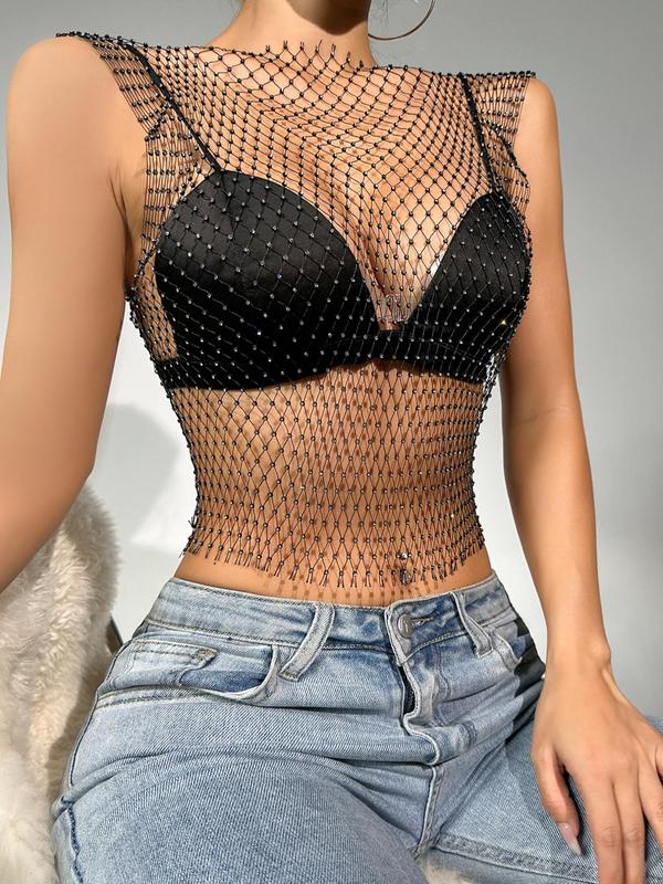 Women's Rhinestone Decor Hollow Out Sheer Crop Tank Top, Fashion Casual Round Neck Sleeveless Cropped Top for Party Club, Ladies Clothes for All Seasons