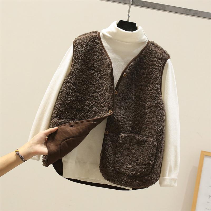 Vests New Spring Autumn Women Button Waistcoat Lamb Wool Winter Thermal Warm Thick Fleece Vests Sleeveless Jacket Ladies Coats