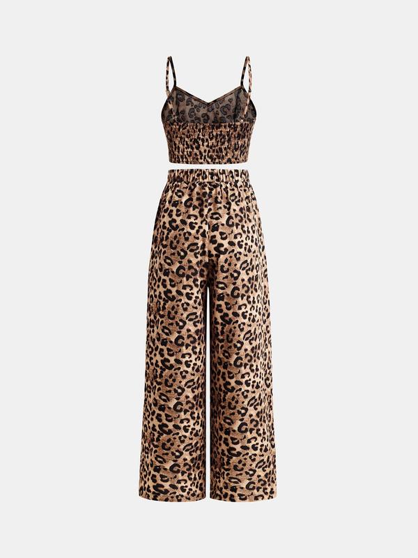 YOZY [4 colors] Leopard Print Top & High Waist Pants Set, Boho Sleeveless Crop Cami Top & Wide Leg Pants for Spring & Summer & Fall, 2024 Women's Clothes for Daily & Vacation & Party Wear