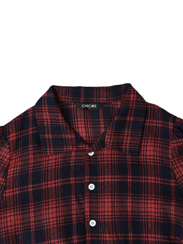 Women's Plaid Print Button Front Drawstring Shirt Dress, Casual Long Sleeve Collared Short Dress for Spring & Fall, Women's Clothes for Daily Wear, Dresses for Women