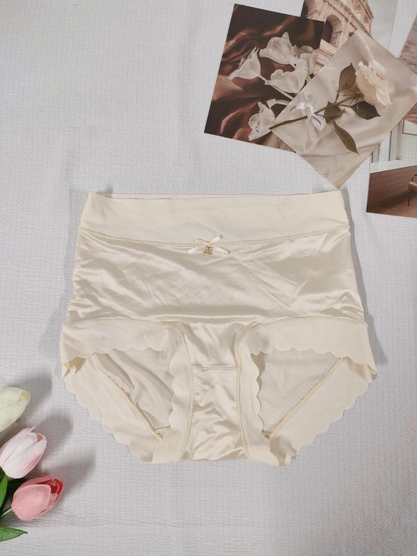 Women's Bow Decor Scallop Trim High Waist Knicker, Solid Color Soft Comfy Breathable Panty for Daily Wear, Underwear for All Seasons