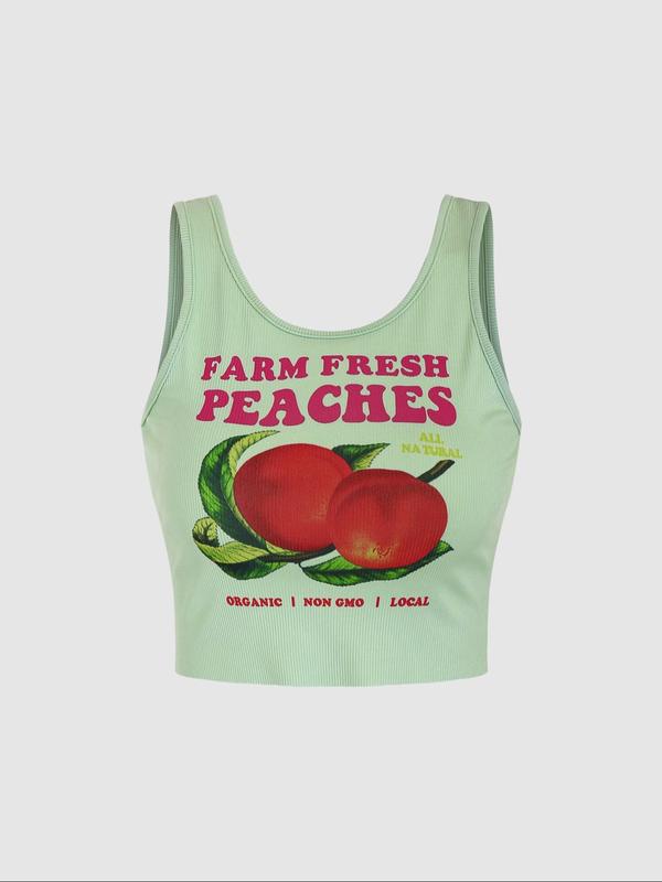 Women's Peach Print Scoop Neck Crop Top, Casual Sleeveless Ribbed Top for Summer, Ladies Clothes for Daily Wear